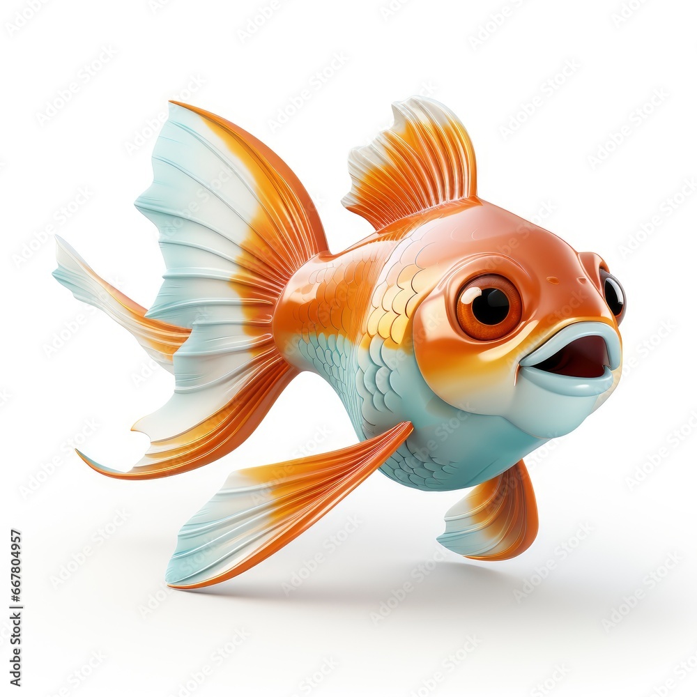 Goldfish, Cartoon 3D , Isolated On White Background 