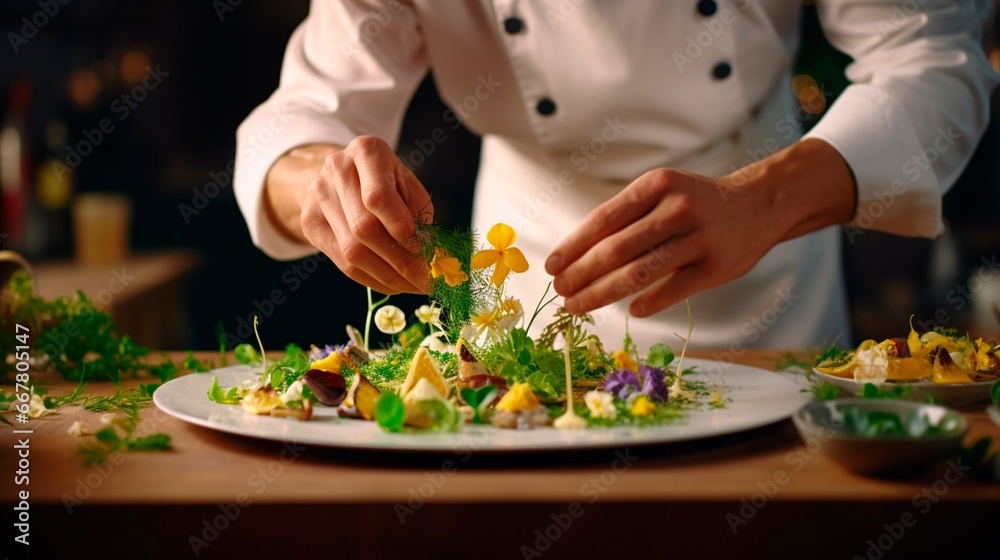 The chef decorates the dish with herbs and flowers. Generative AI, The chef decorates the dish with herbs and flowers. Generative AI,