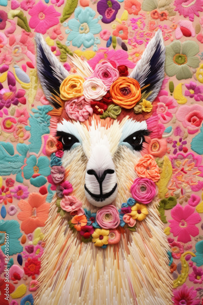 Embroidery of beautiful lama all in flowers