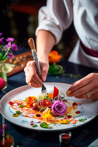 The chef decorates the dish with herbs and flowers. Generative AI,