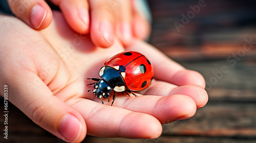 Ladybug in the hand of a child. Generative AI,
