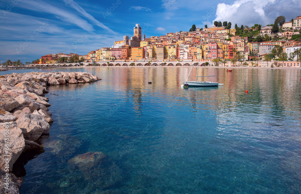 Colorful old town and Old port in sunny Menton, French Riviera, France