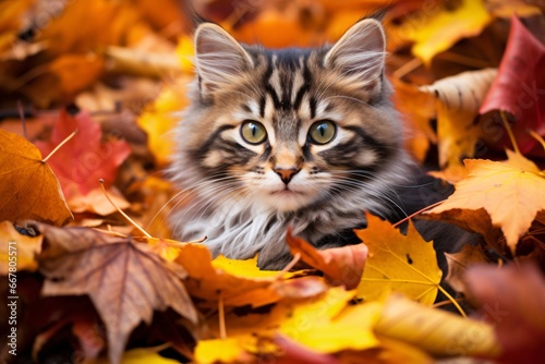 Tabby kitten amidst colorful autumn leaves. Autumn and golden fall ambiance. Design for seasonal promotions, greeting cards, banner