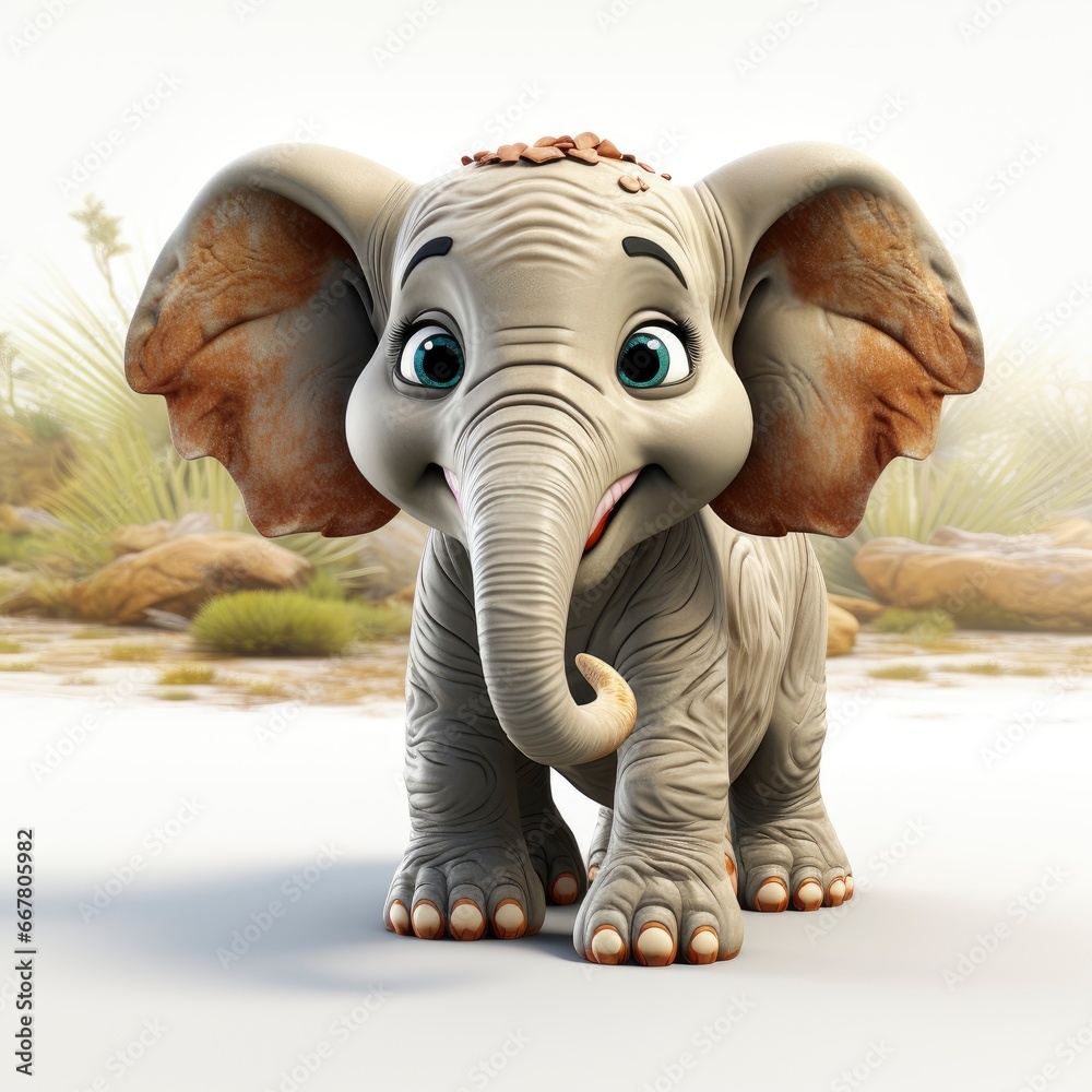 Indian Elephant, Cartoon 3D , Isolated On White Background 