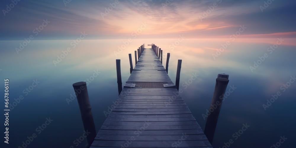 Obraz premium AI Generated. AI Generative. Dock wooden pier at sunset. Romantic relaxing vibe background. Graphic Art