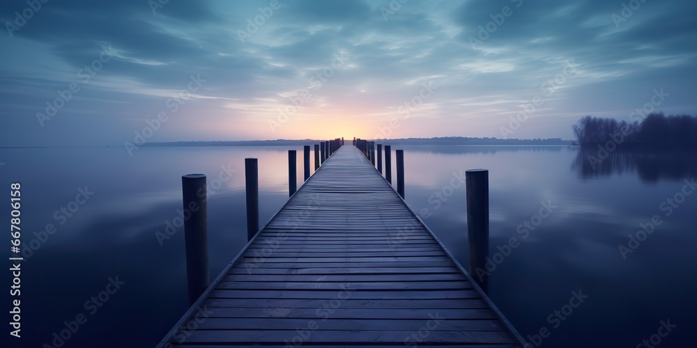 AI Generated. AI Generative. Dock wooden pier at sunset. Romantic relaxing vibe background. Lake outdoor peace landscape.