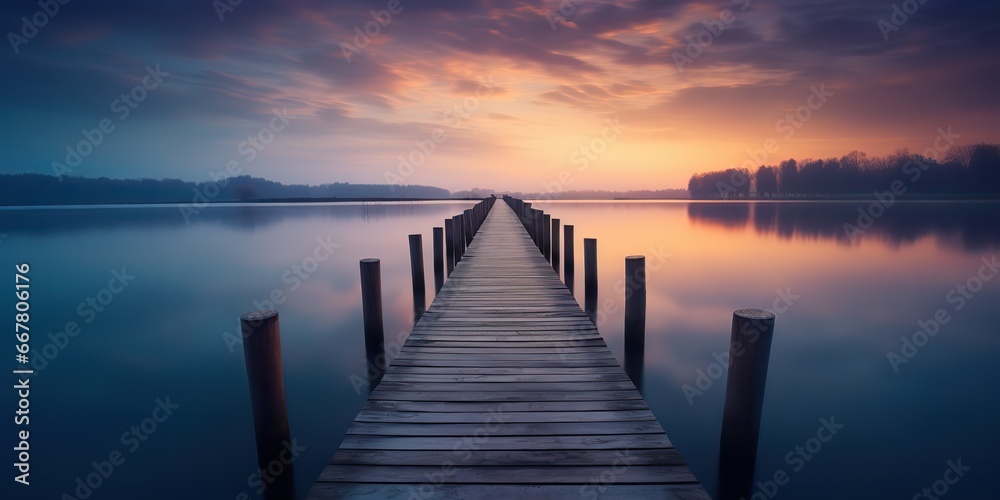 AI Generated. AI Generative. Dock wooden pier at sunset. Romantic relaxing vibe background. Lake outdoor peace landscape.