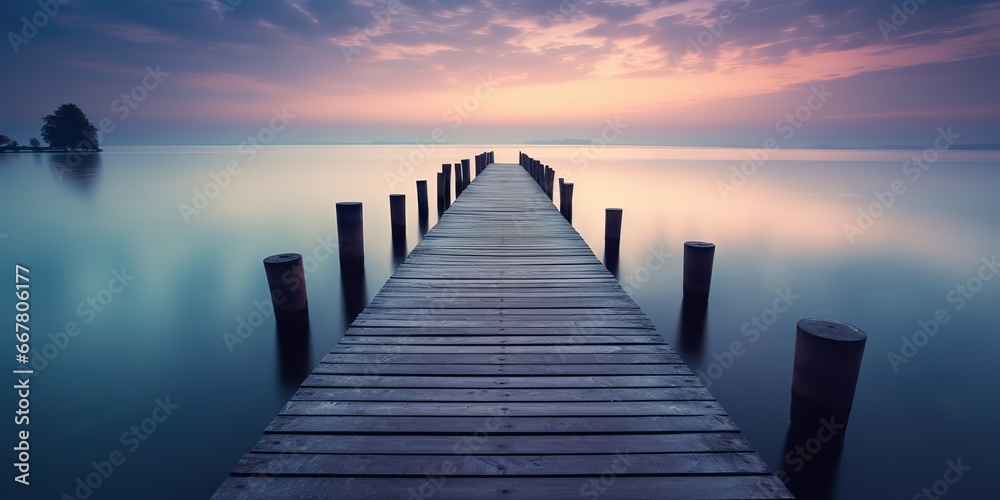 Fototapeta premium AI Generated. AI Generative. Dock wooden pier at sunset. Romantic relaxing vibe background. Graphic Art
