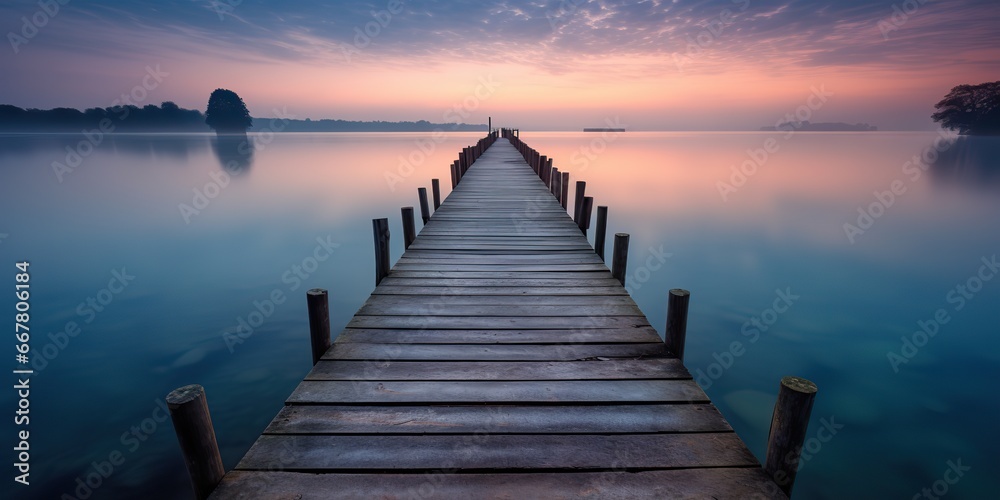 AI Generated. AI Generative. Dock wooden pier at sunset. Romantic relaxing vibe background. Graphic Art