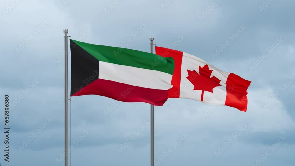 Canada and Kuwait flag waving together on cloudy sky, endless seamless loop, two country cooperation concept Canada and Kuwait flag waving together on cloudy sky, endless seamless loop, two country cooperation concept