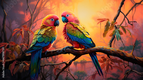 Beautiful parrots on a tree. Generative AI,