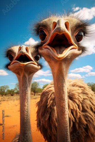 Portrait of ostriches on a farm. Generative AI,