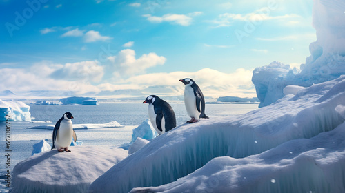 Beautiful penguins on an ice floe. Generative AI 