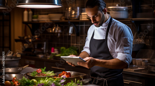 A restaurant chef orders food to the kitchen using a tablet. Generative AI,