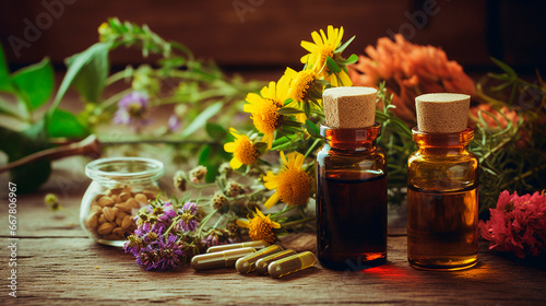 Supplements and flowers herbs alternative medicine. Generative AI, photo