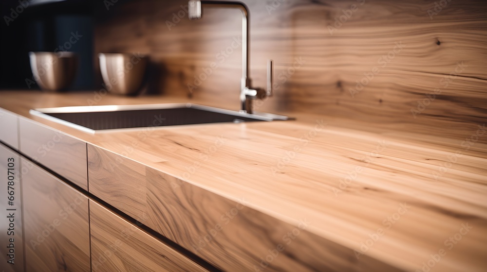 Close up image of wooden counter with sink in the kitchen, generative AI.