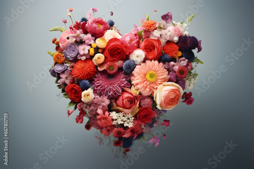 colourful Flower Heart Shape Pale gray Background.Express love through a bouquet of meaningful flowers, artfully forming a heart shape, with a key to decode their romantic message.valentine's day