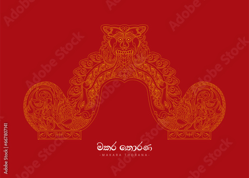 Sri Lankan Traditional Art, Temple Art, Makara Thorana Design.
Makara Thorana is a unique and significant design element in Sri Lankan Buddhist temple architecture and art. Vector illustration.