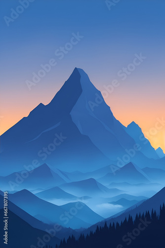 Misty mountains at sunset in blue tone  vertical composition