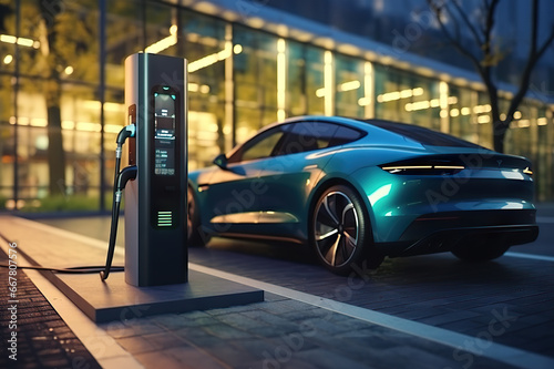 Efficient Urban Mobility Modern Fast Electric Vehicle Chargers Powering Cars in a Park. created with Generative AI © photobuay