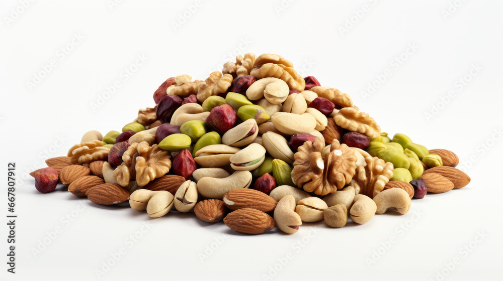 A scattering of mixed nuts on a white background, including almonds, walnuts, pistachios, peanuts and cashews A scattering of mixed nuts on a white background, including almonds, walnuts, pistachios, peanuts and cashews