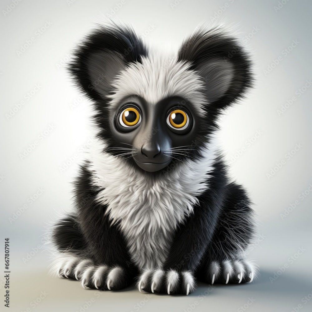 Ruffed Lemur, Cartoon 3D , Isolated On White Background 