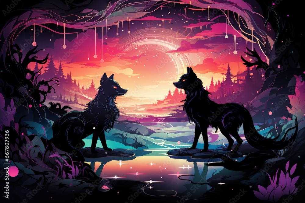 Swift shadow wolves, blending seamlessly into the night as they hunt their prey - Generative AI Swift shadow wolves, blending seamlessly into the night as they hunt their prey - Generative AI