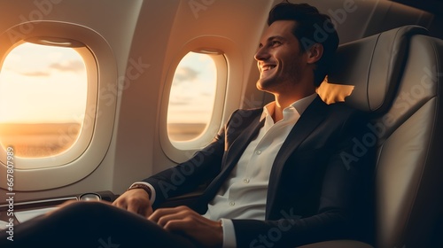 Business man in privet jet or normal plane smiling, in the morning, generative AI.  photo