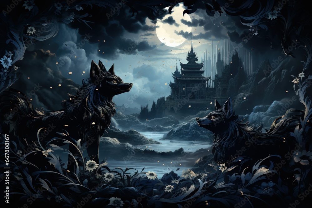Fototapeta premium Swift shadow wolves, blending seamlessly into the night as they hunt their prey - Generative AI