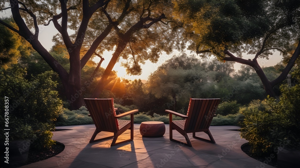 Tow chairs in backyard house with trees and plants, sunrise, generative AI.