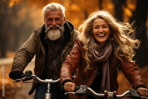 Happy elderly couple enjoying autumn bike ride in park