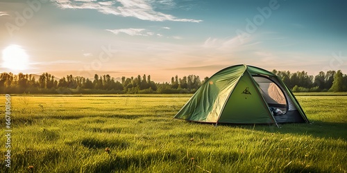 AI Generated. AI Generative. Outdoor nature camping tent on grass. Adventure rest background. Graphic Art