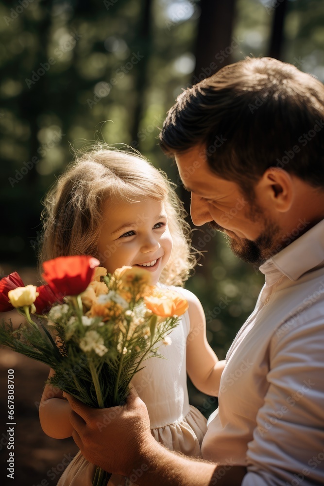 Father gives flowers to his daughter. St. Valentine's Day Father gives flowers to his daughter. St. Valentine's Day