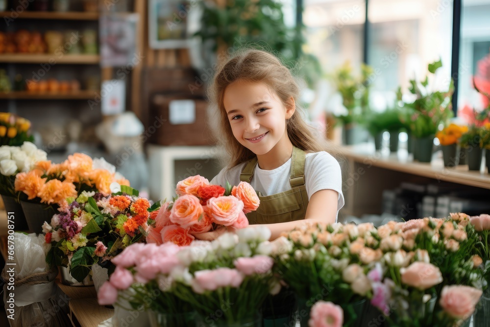 Girl in a flower shop helps to collect bouquets of flowers