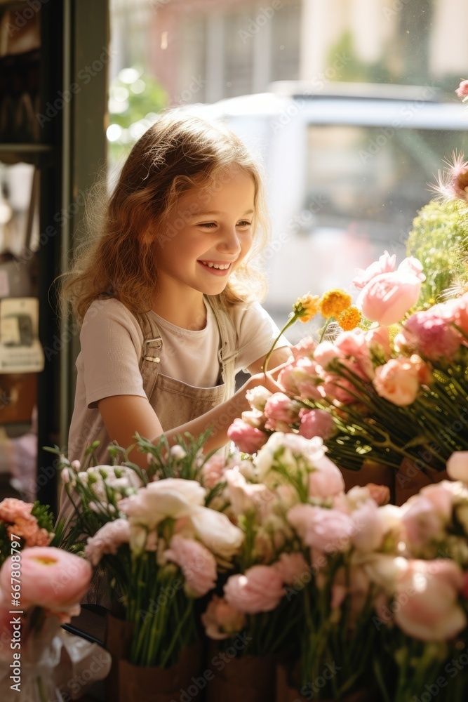 Girl in a flower shop helps to collect bouquets of flowers