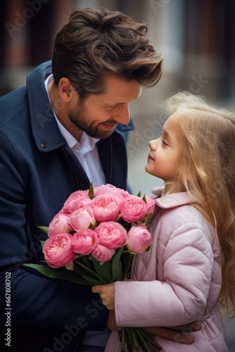 Father gives flowers to his daughter. St. Valentine's Day