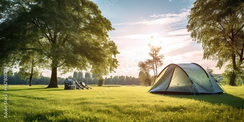 AI Generated. AI Generative. Outdoor nature camping tent on grass. Adventure rest background. Can be used for countryside hiking tour promotion