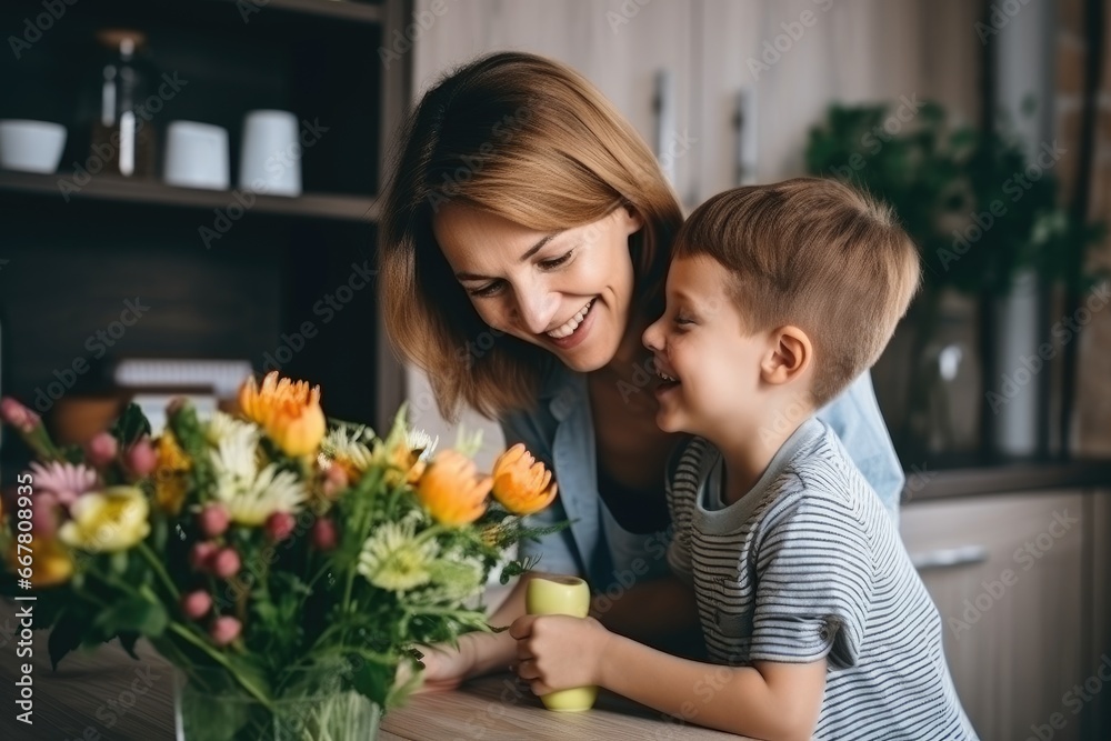 Son gives flowers to his mother