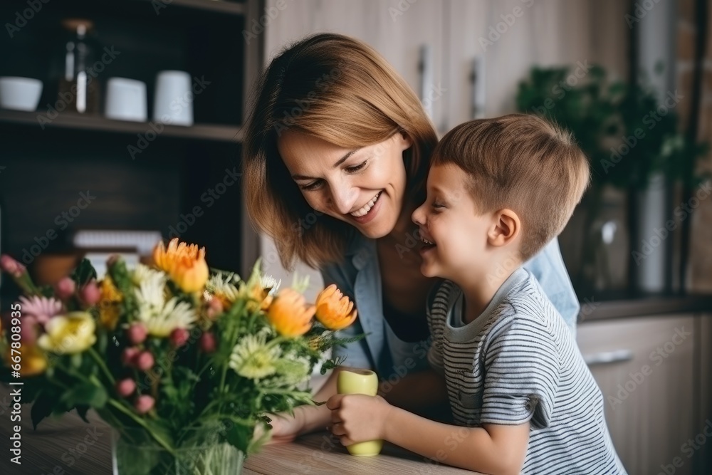 Son gives flowers to his mother Son gives flowers to his mother