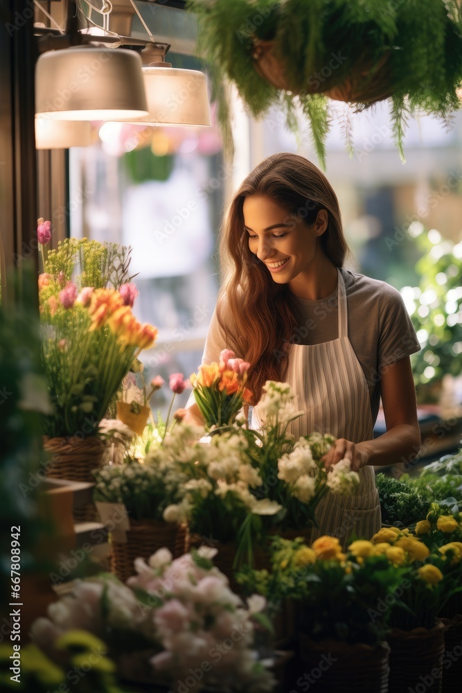 A woman seller in a flower shop collects beautiful bouquets of flowers.