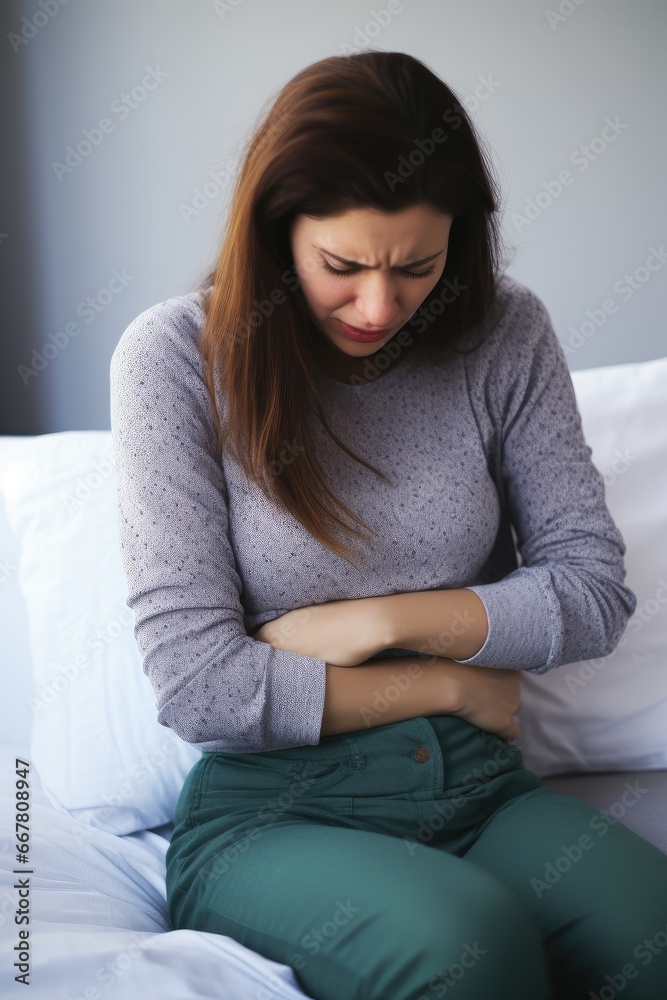 A woman is sitting in a room on the sofa she has abdominal pain