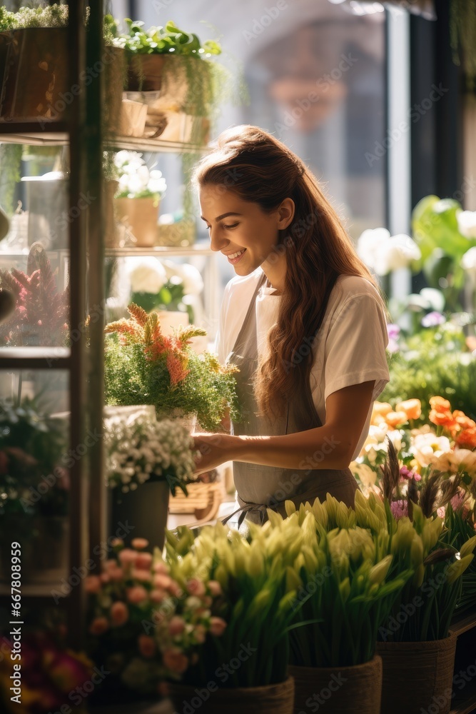 A woman seller in a flower shop collects beautiful bouquets of flowers.