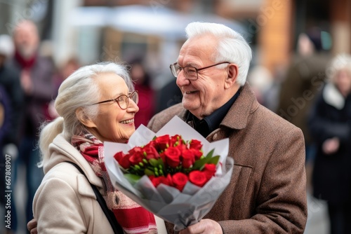 An old man gives a bouquet to his old woman - his wife © Good AI