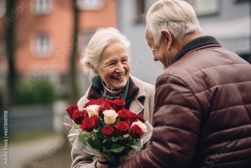 An old man gives a bouquet to his old woman - his wife