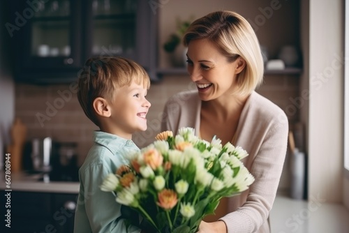 Son gives flowers to his mother © Good AI
