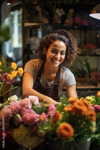 A woman seller in a flower shop collects beautiful bouquets of flowers. © Good AI