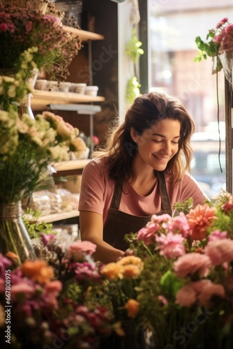 A woman seller in a flower shop collects beautiful bouquets of flowers. © Good AI