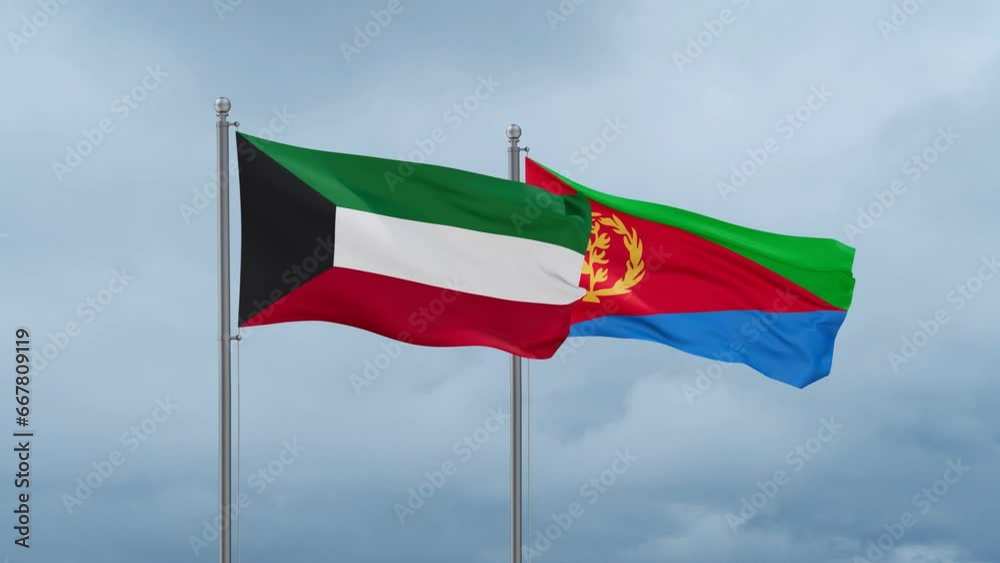 Eritrea and Kuwait flag waving together on cloudy sky, endless seamless loop, two country cooperation concept
