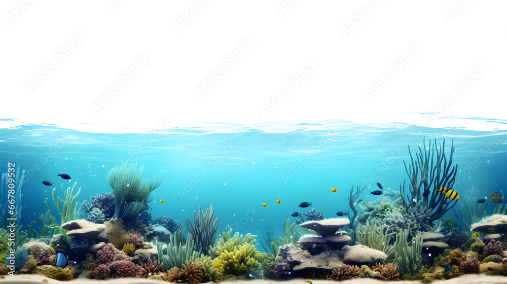 Ocean underwater with corals, seaweed on transparent background. Generative AI