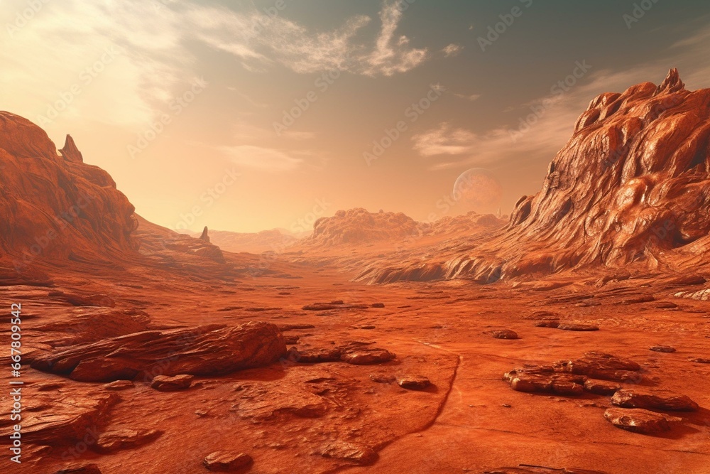 3D illustration of orange-red eroded Mars surface on a science fiction background. Generative AI